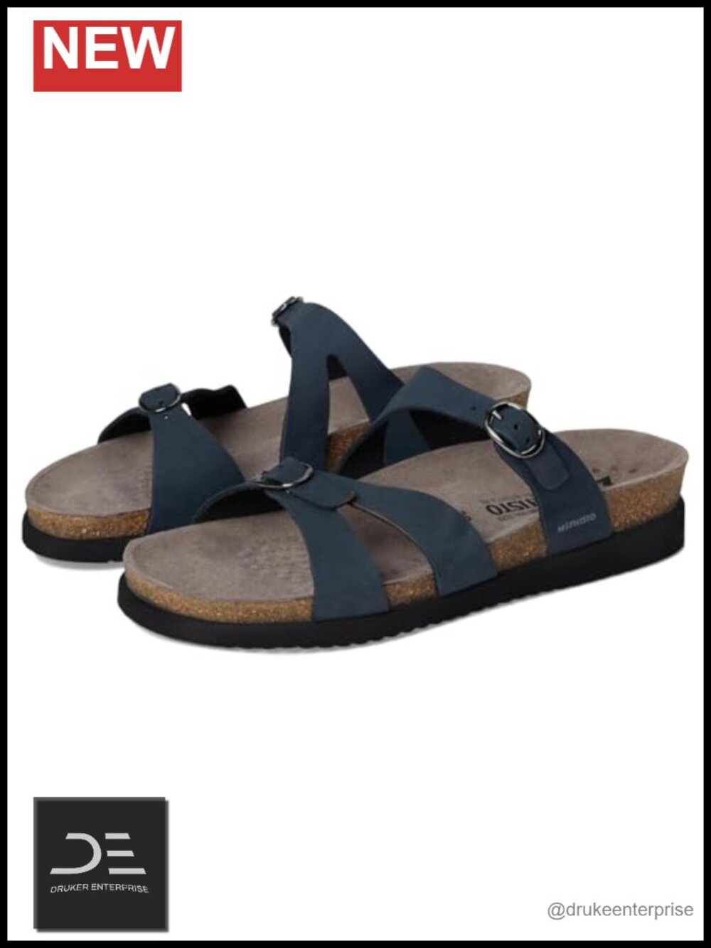 Slide Sandal with Buckled Straps Cork Midsole Contoured Footbed